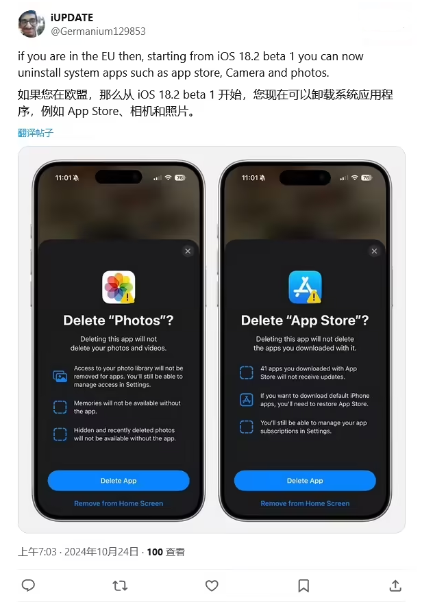 上海苹果手机维修分享iOS 18.2 支持删除 App Store 应用商店 